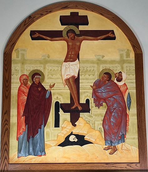The Icon of the Crucifixion located on the upper back wall at St. George